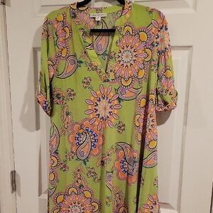 OneTheLand Floral Paisley V-Neck Tunic Dress- Lime